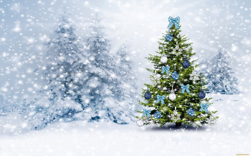 Decorated Christmas Tree — Blue, Serene, Winter, Digital Art