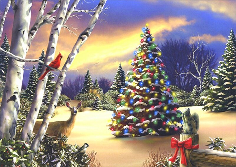 Decorated Christmas Tree — Blue, Serene, Winter, Painting