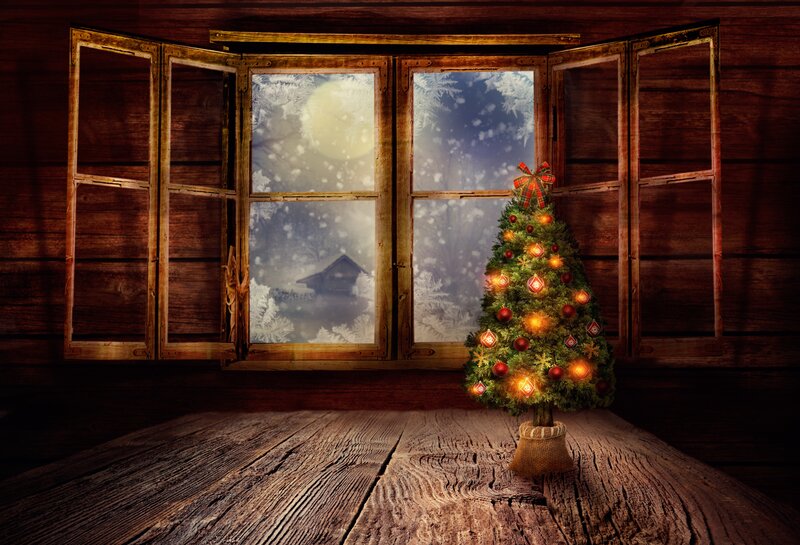 Decorated Christmas Tree — Brown, Cozy, Night, Digital Art
