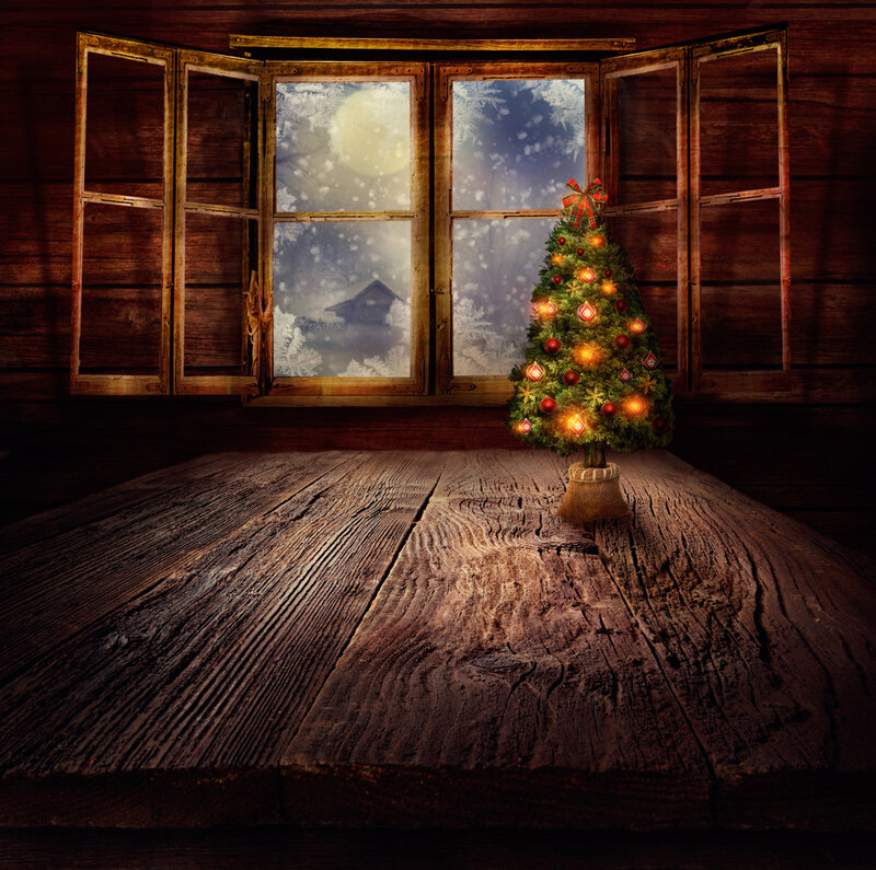 Decorated Christmas Tree — Brown, Cozy, Night, Digital Art, Window