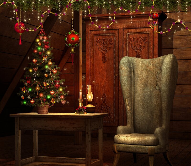 Decorated Christmas Tree — Brown, Cozy, Winter, Digital Art