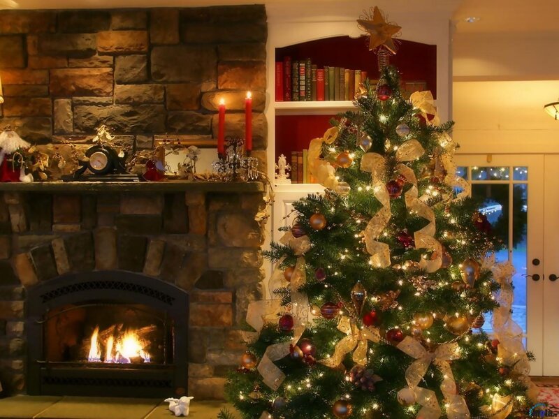Decorated Christmas Tree — Green, Cozy, Night, Photograph, Fireplace, Candles