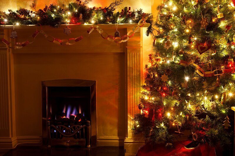 Decorated Christmas Tree — Green, Cozy, Night, Photograph, Fireplace, Garland