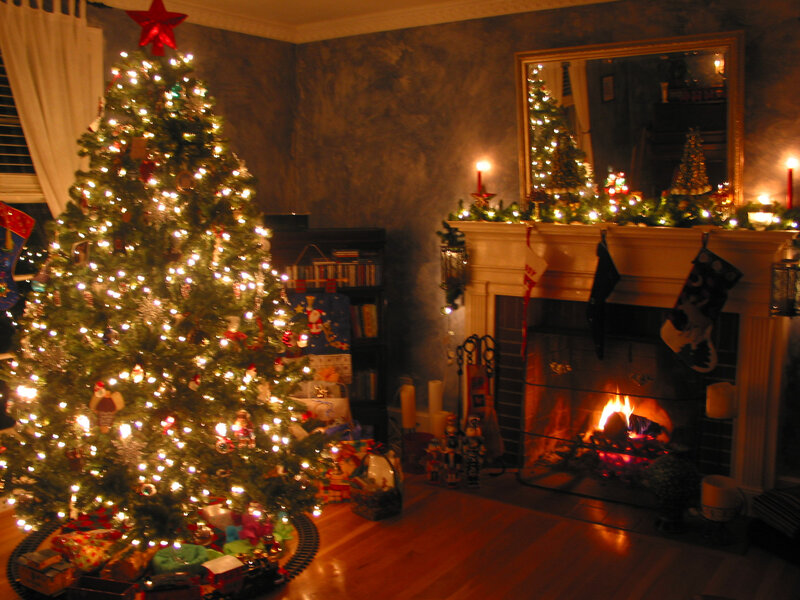 Decorated Christmas Tree — Green, Cozy, Night, Photograph, Fireplace, Stockings
