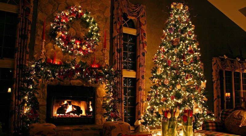 Decorated Christmas Tree — Green, Cozy, Night, Photograph, Fireplace, Wreath, Candles, Garland