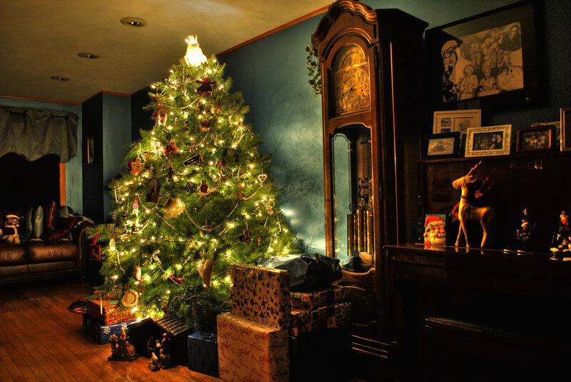 Decorated Christmas Tree — Green, Cozy, Night, Photograph, Grandfather Clock