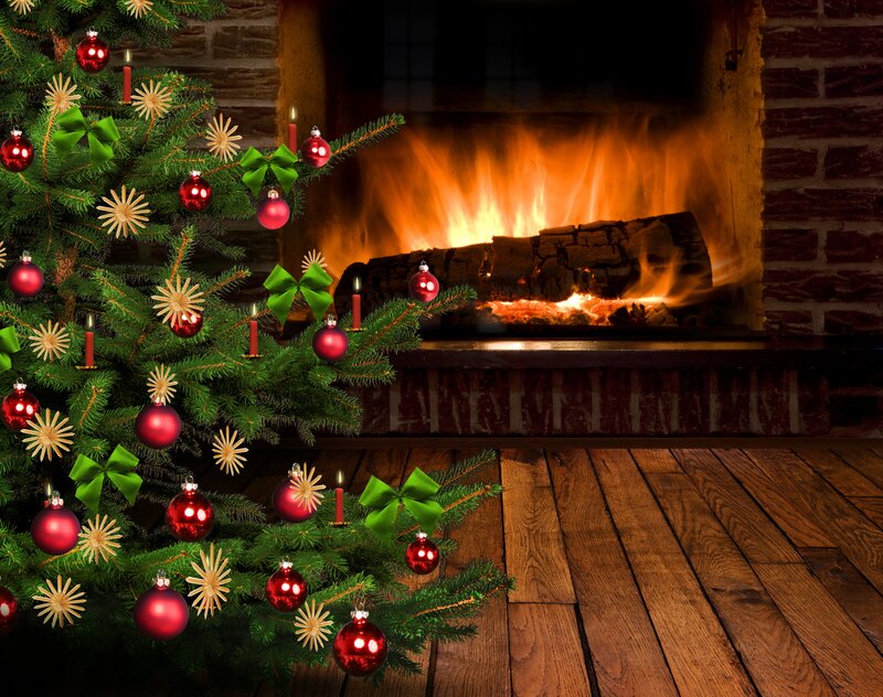 Decorated Christmas Tree — Green, Cozy, Winter, Photograph, Fireplace, Candles