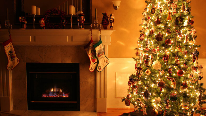 Decorated Christmas Tree — Green, Cozy, Winter, Photograph, Fireplace, Stockings