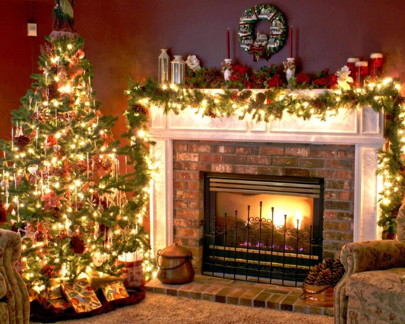 Decorated Christmas Tree — Green, Cozy, Winter, Photograph, Fireplace, Wreath