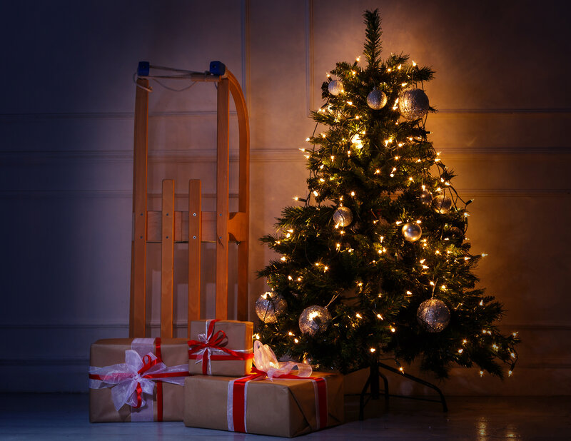 Decorated Christmas Tree — Green, Cozy, Winter, Photograph, Sled