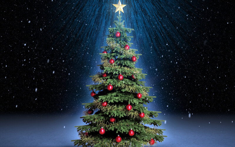Decorated Christmas Tree — Green, Festive, Night, 3d Render, Red Ornaments