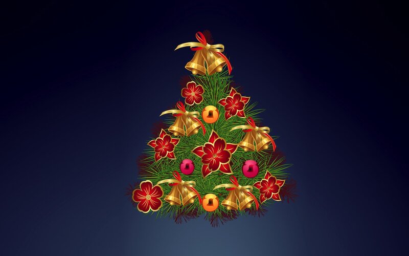Decorated Christmas Tree — Green, Festive, Night, Digital Art, Bells