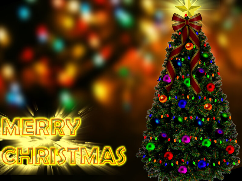 Decorated Christmas Tree — Green, Festive, Night, Digital Art, Bow