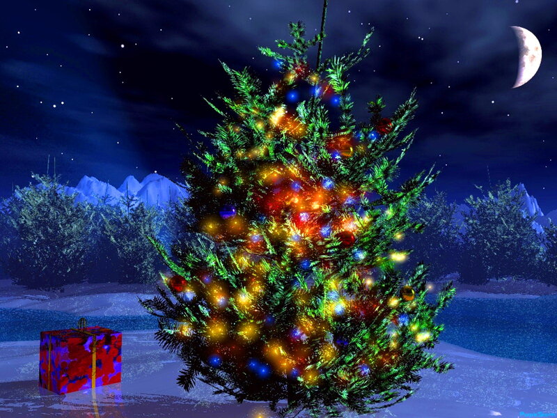 Decorated Christmas Tree — Green, Festive, Night, Digital Art, Gift Box