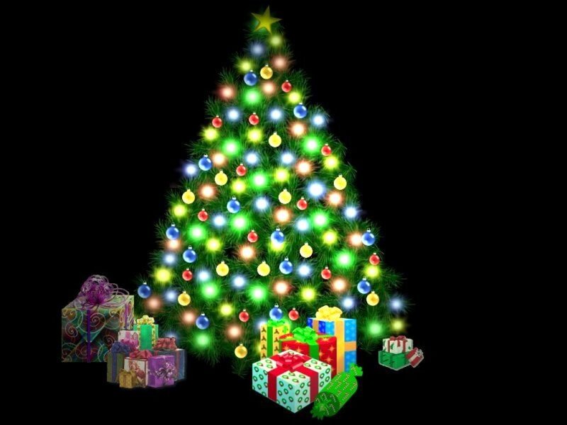 Decorated Christmas Tree — Green, Festive, Night, Digital Art, Gifts, Lights