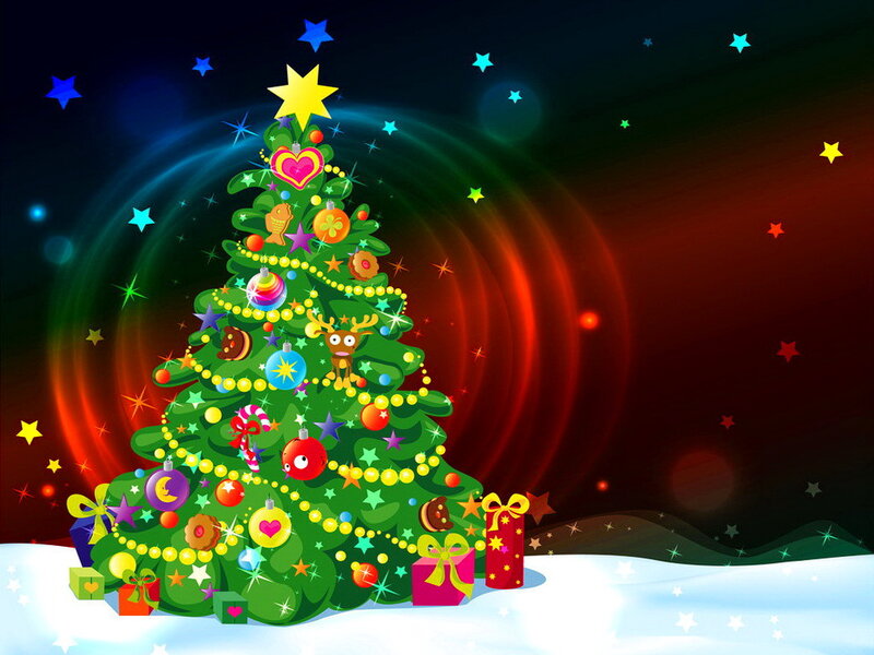 Decorated Christmas Tree — Green, Festive, Night, Digital Art, Gifts, Stars