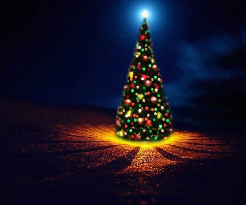 Decorated Christmas Tree — Green, Festive, Night, Digital Art, Lights