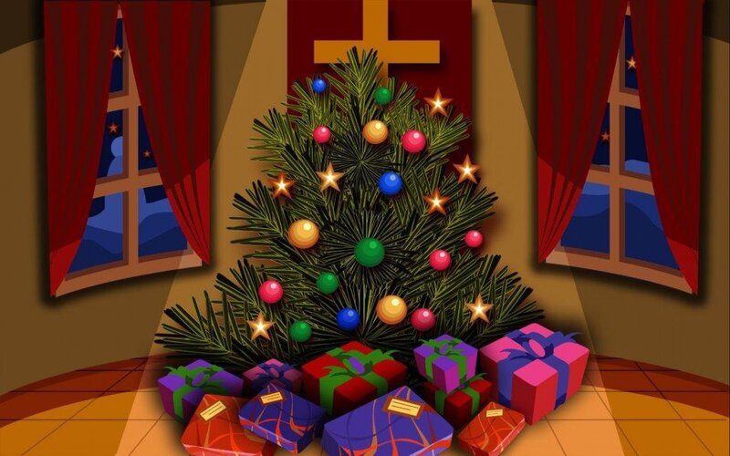 Decorated Christmas Tree — Green, Festive, Night, Digital Art, Presents