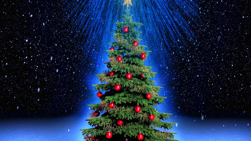 Decorated Christmas Tree — Green, Festive, Night, Digital Art, Red Ornaments