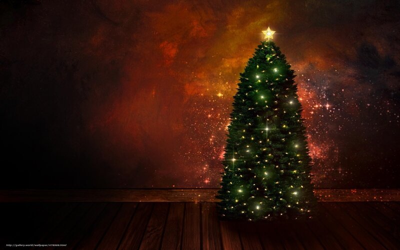 Decorated Christmas Tree — Green, Festive, Night, Digital Art, Star, Lights, Wood Floor