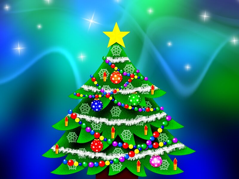 Decorated Christmas Tree — Green, Festive, Night, Digital Art, Star, Ornaments, Lights