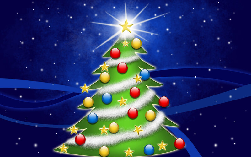 Decorated Christmas Tree — Green, Festive, Night, Digital Art, Star