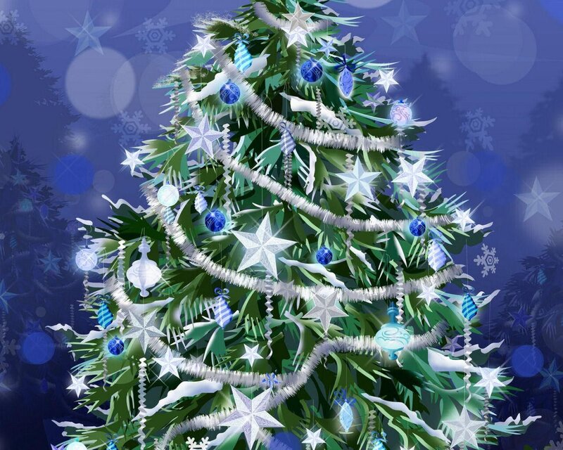 Decorated Christmas Tree — Green, Festive, Night, Digital Art