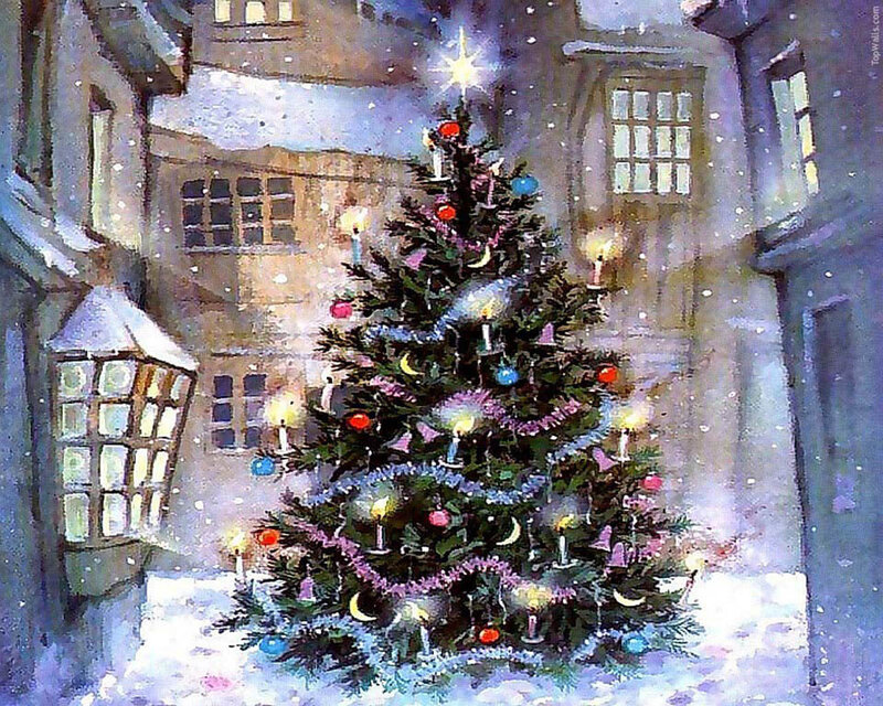 Decorated Christmas Tree — Green, Festive, Night, Painting