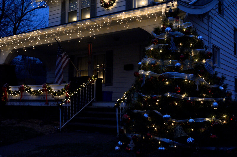 Decorated Christmas Tree — Green, Festive, Night, Photograph, House