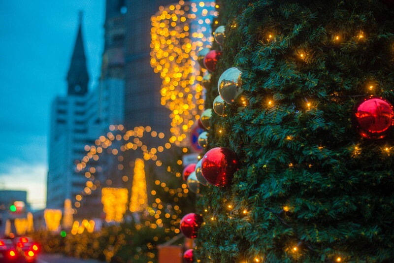 Decorated Christmas Tree — Green, Festive, Night, Photograph, Lights, Buildings