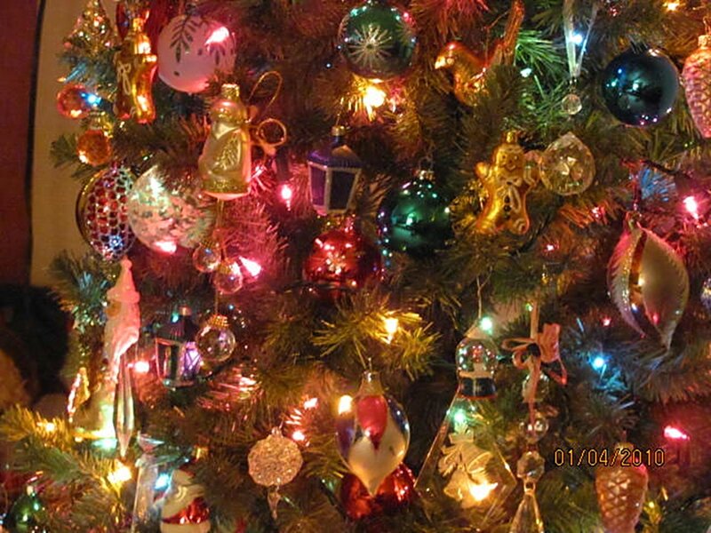 Decorated Christmas Tree — Green, Festive, Night, Photograph, Ornaments, Lights, Garlands, Snowman