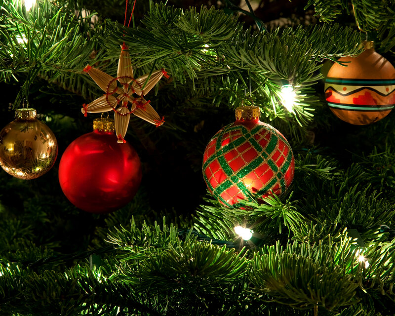 Decorated Christmas Tree — Green, Festive, Night, Photograph, Ornaments, Lights, Pine Branches