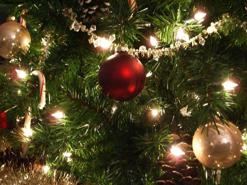 Decorated Christmas Tree — Green, Festive, Night, Photograph, Ornaments, Lights, Pine Cones