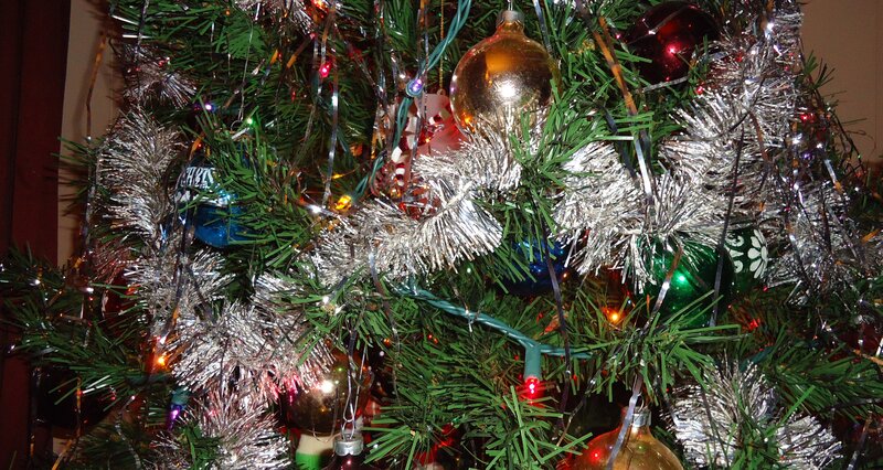 Decorated Christmas Tree — Green, Festive, Night, Photograph, Ornaments, Tinsel