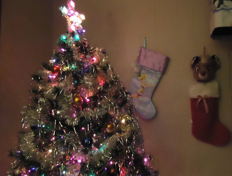 Decorated Christmas Tree — Green, Festive, Night, Photograph, Stockings
