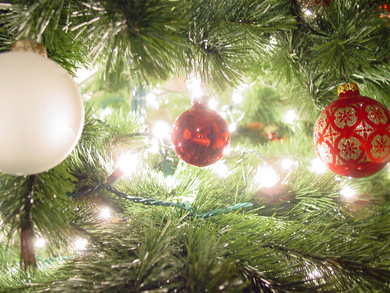Decorated Christmas Tree — Green, Festive, Night, Photograph