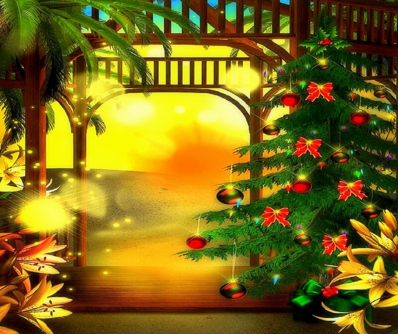 Decorated Christmas Tree — Green, Festive, Sunset