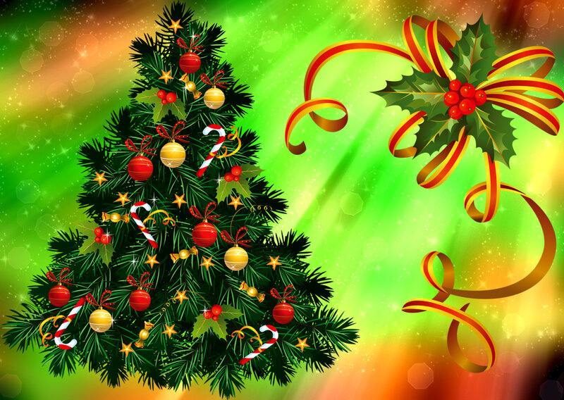 Decorated Christmas Tree — Green, Festive, Winter, Digital Art, Holly