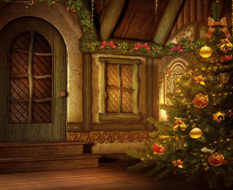 Decorated Christmas Tree — Green, Festive, Winter, Digital Art, Hut