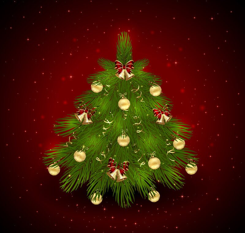 Decorated Christmas Tree — Green, Festive, Winter, Digital Art, Ornaments