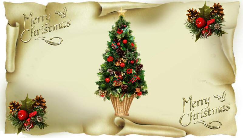 Decorated Christmas Tree — Green, Festive, Winter, Digital Art, Pinecones