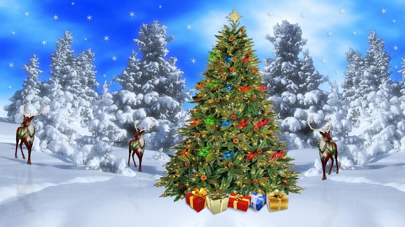 Decorated Christmas Tree — Green, Festive, Winter, Digital Art, Reindeer, Snow