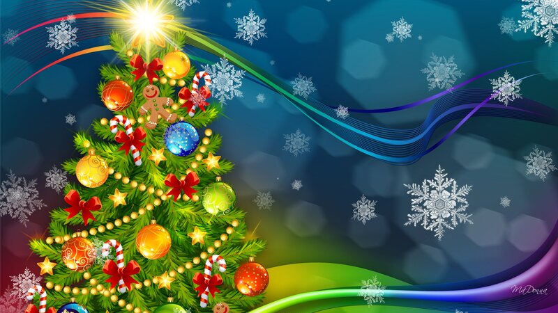Decorated Christmas Tree — Green, Festive, Winter, Digital Art, Snowflakes, Ornaments