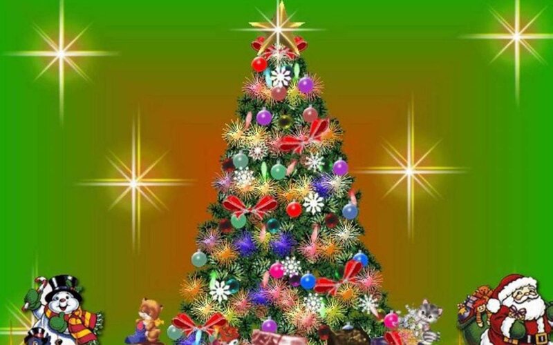 Decorated Christmas Tree — Green, Festive, Winter, Digital Art, Snowman