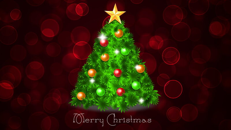 Decorated Christmas Tree — Green, Festive, Winter, Digital Art, Star, Ornaments, Bokeh