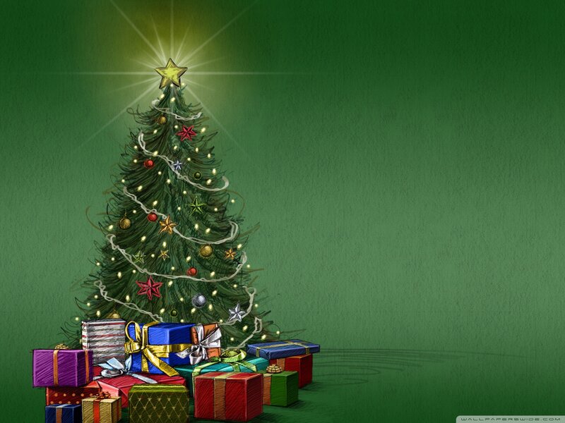 Decorated Christmas Tree — Green, Festive, Winter, Illustration, Gifts, Star