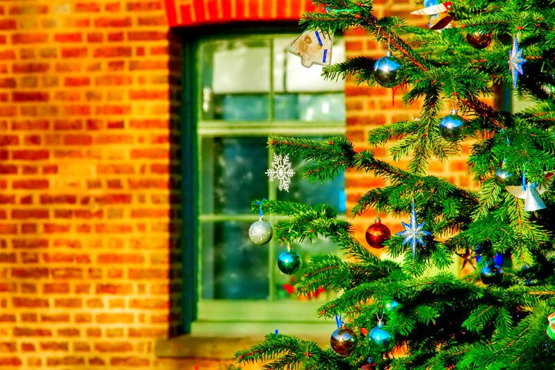 Decorated Christmas Tree — Green, Festive, Winter, Photograph, Brick Wall