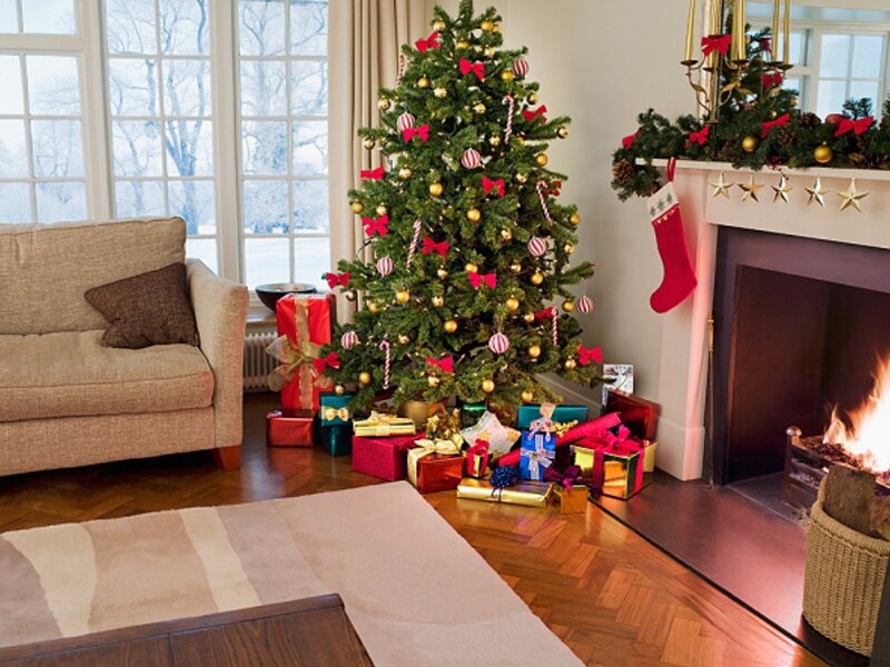 Decorated Christmas Tree — Green, Festive, Winter, Photograph, Couch
