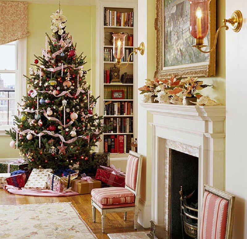 Decorated Christmas Tree — Green, Festive, Winter, Photograph, Fireplace, Bookshelf