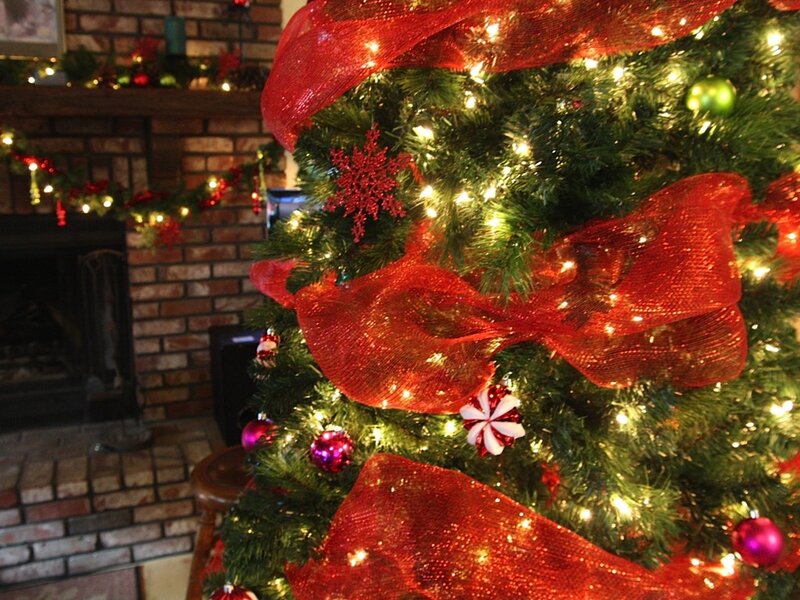 Decorated Christmas Tree — Green, Festive, Winter, Photograph, Fireplace, Garland